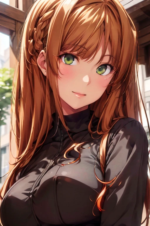 Black shirt,long sleeves,turtleneck, hair ornament, Green eyes, Orange hair,bangs,Long hair, 1 girl, 20yo,Young female,Beautiful long legs,Beautiful body, Beautiful Nose,Beautiful character design, perfect eyes, perfect face,expressive eyes,perfect balance, looking at viewer,(Focus on her face),closed mouth, (innocent_big_eyes:1.0),(Light_Smile:0.3), official art,extremely detailed CG unity 8k wallpaper, perfect lighting,Colorful, Bright_Front_face_Lighting,White skin, (masterpiece:1.0),(best_quality:1.0), ultra high res,4K,ultra-detailed, photography, 8K, HDR, highres, absurdres:1.2, Kodak portra 400, film grain, blurry background, bokeh:1.2, lens flare, (vibrant_color:1.2),professional photograph, (Beautiful,large_Breasts:1.4), (beautiful_face:1.5),(narrow_waist), Full-Boddy