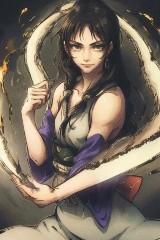 ((best quality)), ((masterpiece)), (detailed), perfect face, fighting_stance, cursed energy, looking at viewer, smile, nudef, brown hair, brown eyes, long hair, looking at viewer, solo, upper body, closed mouth, very small breasts, kimono, fighting, cursed energy, determined look, fighting stance, full body

