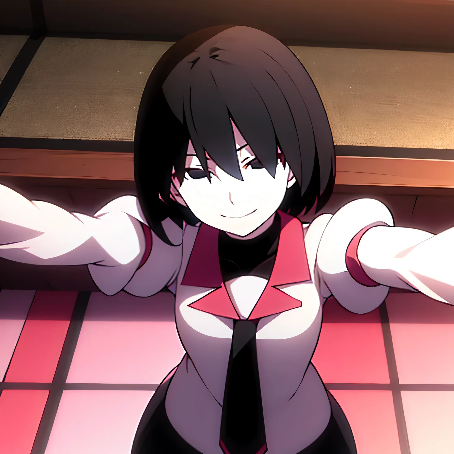 looking into camera, first person, girl with open arms falling on floor, smile, Ougi, black eyes, black hair, empty eyes, bangs, bob cut, hair between eyes, pale skin, naoetsu high , pink shirt, black undershirt, puffy sleeves, bob cut, necktie, turtleneck, juliet sleeves, long sleeves