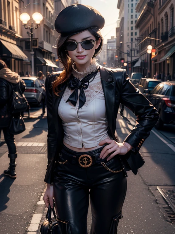 (masterpiece,stunning girlfriend, (standing:1.1), dynamic pose, heart shaped face,elegant face, beautiful face, highly detailed face, highly detailed skin, skin pores, subsurface scattering, realistic pupils, loving smile, looking at viewer, full lips, detailed background, depth of field, atmospheric perspective, volumetric lighting, sharp focus, absurdres, realistic proportions, good anatomy, (realistic, hyperrealistic:1.4), 16k hdr, (masterpiece, best quality:1.2), cowboy shot, solo, 1girl, coco adel, grin, looking at viewer, hand on hip, beret, sunglasses, white shirt, black tie, office suit, black shoes, black gloves, (blazer and matching pants), jewelry, belt, standing outdoors, night, stars, the white house, Washington DC, crowds