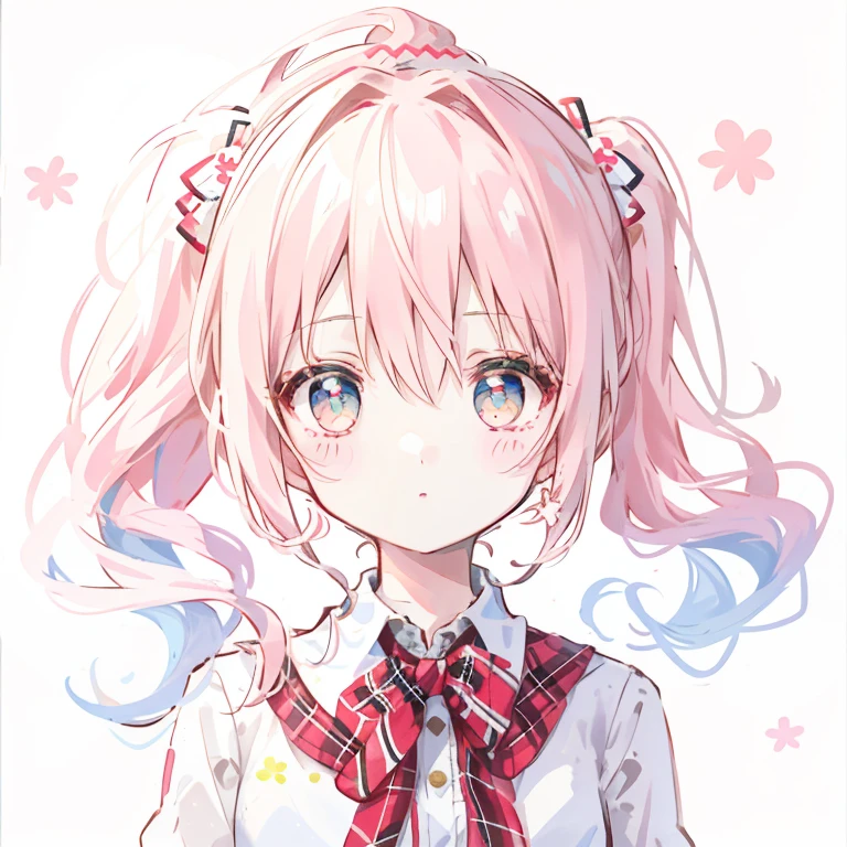(2head and body)(double piece)1 girl, oasis, blush sticker, double ponytail, triple white, tartan check, gradient hair,, white background