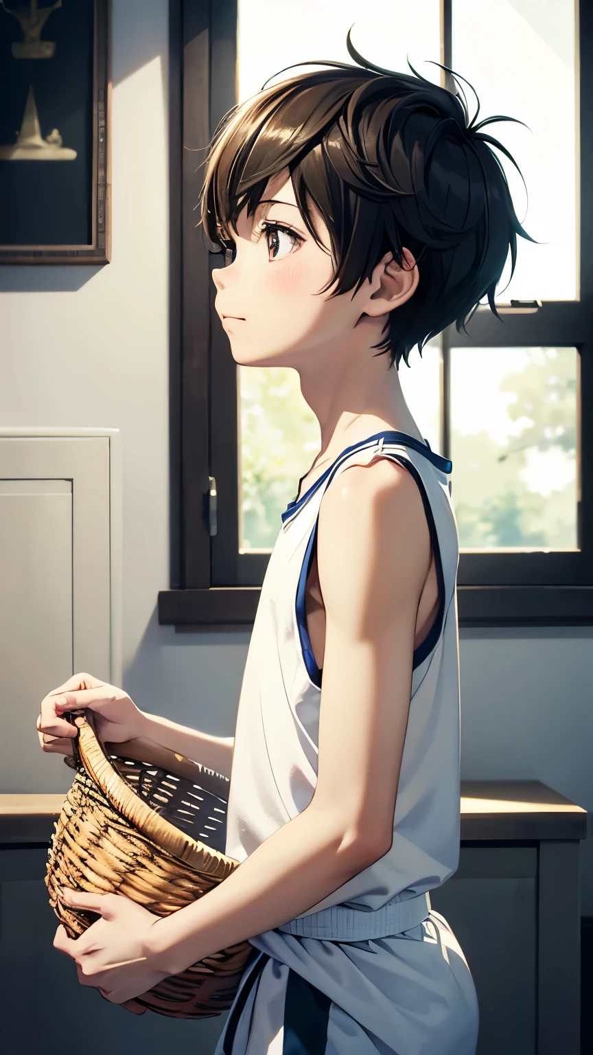 highres,Masterpiece， Best quality at best,Best Quality,hight quality, hight detailed, realistic, photorealistic, Anime style, 1boy, Little Boy, indoor, Cheerful boy, basket uniform,Tank Tops, boy focus, Slim body, body, Seen from side, Bare shoulder