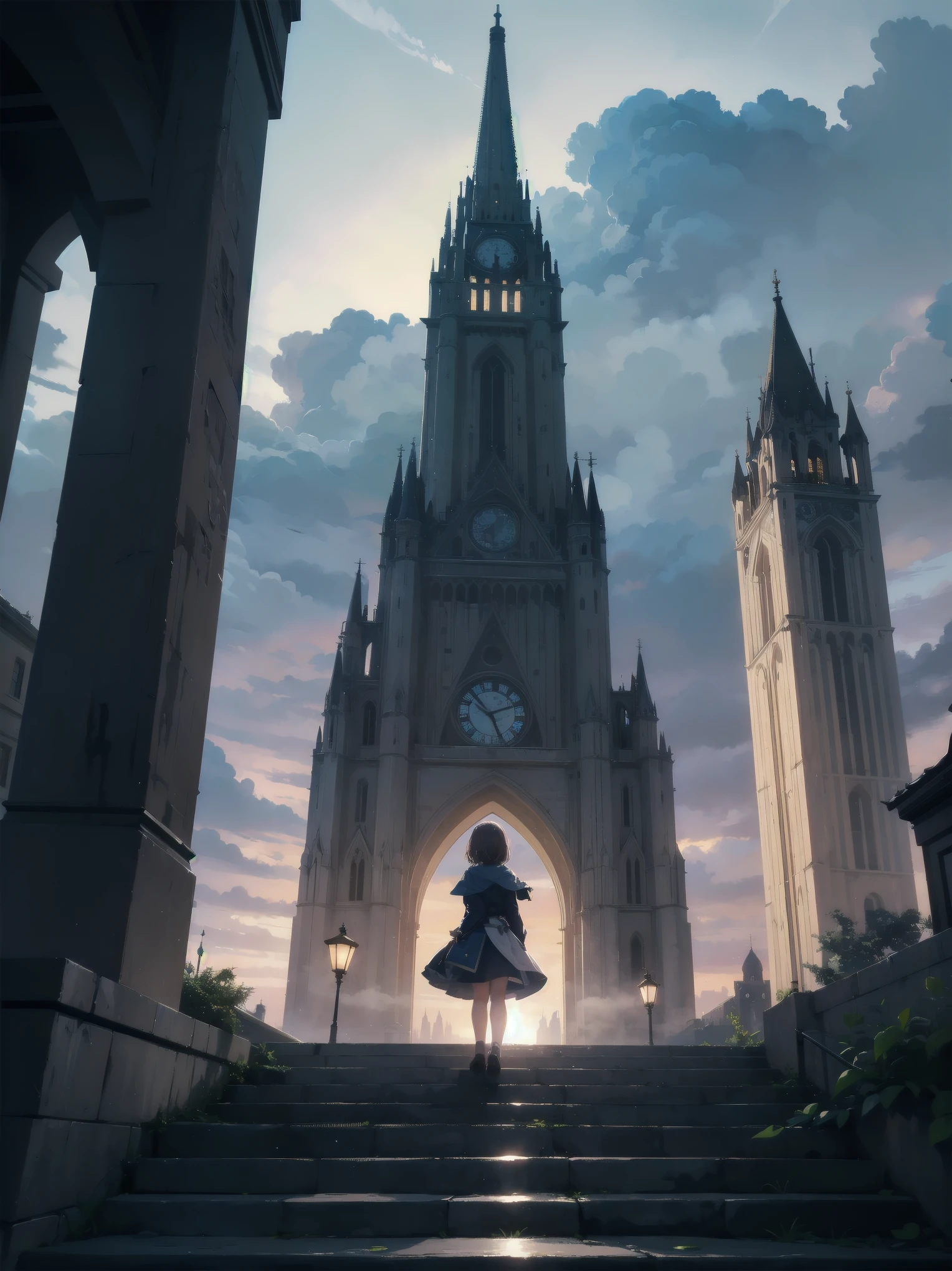 Girl looking up Scene 1: Twilight tower shadow The girl stands quietly against the sky, which is dyed an azure colour. Towering up in front of her is a huge structure called the Tower of Babel. Its form, which seems to pierce through the clouds, seems as if it is about to reach the heavens. The girl's gaze is directed towards the top of the tower. The tower, shrouded in evening darkness, creates a fantastic atmosphere. The surface of the tower is engraved with intricate patterns. It looks like ancient writing. The girl seems to sense something deep within the tower. Is it the memory of a masterpiece story or a longing for an unknown fantasy world? Scene 2: Memory of the starry sky The girl stands at the top of the tower amidst countless twinkling stars in the night sky. At her feet, the lights of the city shine like jewels. The girl closes her eyes and takes a deep breath. The scent of the night breeze is mixed with the old smell of the tower. The girl's mind replayed a famous story. It was a story of adventure and friendship that the girl read as a . The hero of the story, like the girl, climbed the Tower of Babel. There, she meets her friends and overcomes various difficulties. The girl dreamed that one day she, like the hero, would go on an adventure. Scene 3: The promise of the morning glow The girl left the tower just as the light of the morning sun was illuminating it. Looking back, the tower shone in the morning sun and even looked divine. The girl decides that one day she will climb this tower again. And when she does, she vows to spin out the rest of the masterpiece's story. Step by step, the girl walked into the future.