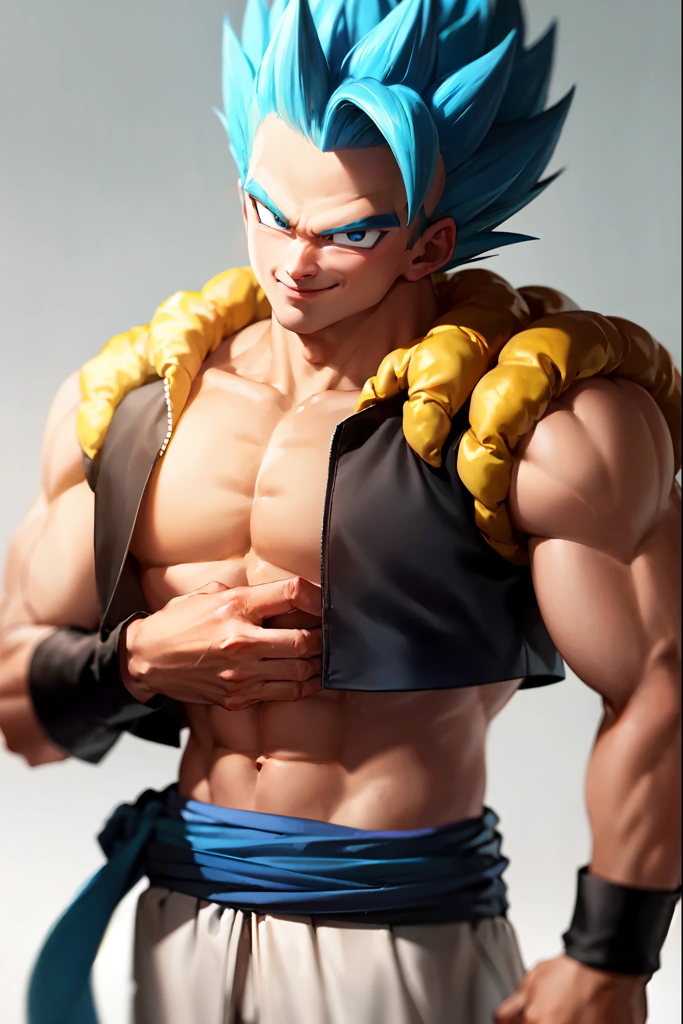 (masterpiece, best quality: 1.2), cowboy shot, solo, male focus, 1boy, gogeta, muscular male, smile, looking at the viewer, arms crossed, blue hair, blue eyes, black vest, blue belt, white pants, bracelet, pectorals, ((more detail, high detailed, enhanced_gogeta))