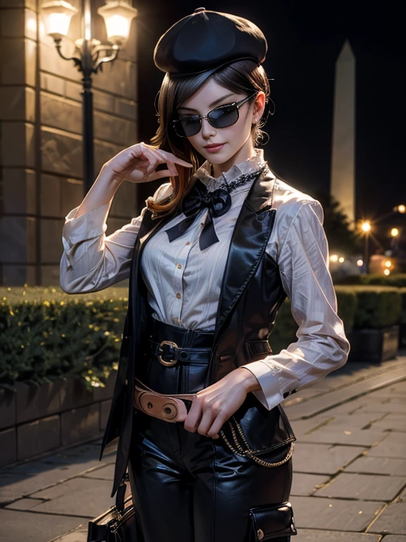 (masterpiece,stunning girlfriend, (standing:1.1), dynamic pose, heart shaped face,elegant face, beautiful face, highly detailed face, highly detailed skin, skin pores, subsurface scattering, realistic pupils, loving smile, looking at viewer, full lips, detailed background, depth of field, atmospheric perspective, volumetric lighting, sharp focus, absurdres, realistic proportions, good anatomy, (realistic, hyperrealistic:1.4), 16k hdr, (masterpiece, best quality:1.2), cowboy shot, solo, 1girl, coco adel, grin, looking at viewer, hand on hip, beret, sunglasses, white shirt, black tie, office suit, black shoes, black gloves, (blazer and matching pants), jewelry, belt, standing outdoors, night, stars, the white house, Washington DC, crowds