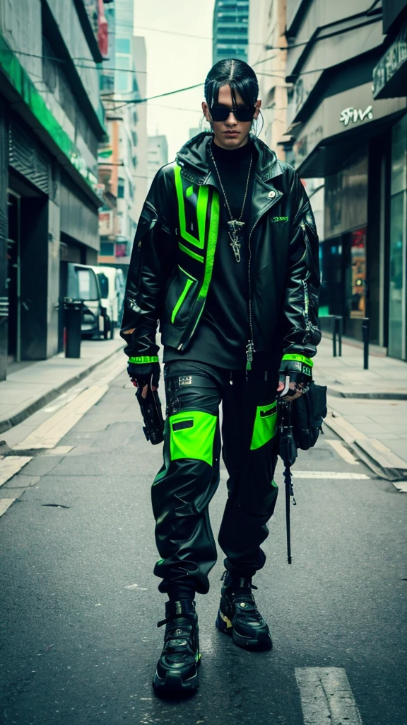 There is a man in a black and green suit with a backpack, (best quality 8k)Cyberpunk Streetwear, Cyberpunk clothing, cyberpunk street goon, Wearing cyberpunk, Cyberpunk techwear, Muted cyberpunk style, having cyberpunk style, Cyberpunk style, Wearing cyberpunk street clothes, Warrior cyberpunk, Hyperrealistic cyberpunk style, cyberpunk character design, All black cyberpunk clothing, raven in cyber armor, cyberpunk clothing