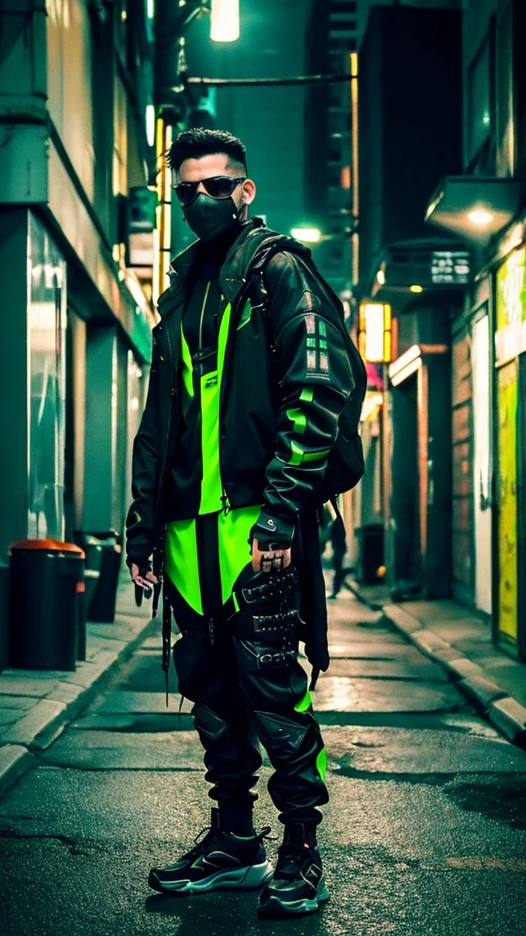 There is a man in a black and green suit with a backpack, (best quality 8k)Cyberpunk Streetwear, Cyberpunk clothing, cyberpunk street goon, Wearing cyberpunk, Cyberpunk techwear, Muted cyberpunk style, having cyberpunk style, Cyberpunk style, Wearing cyberpunk street clothes, Warrior cyberpunk, Hyperrealistic cyberpunk style, cyberpunk character design, All black cyberpunk clothing, raven in cyber armor, cyberpunk clothing