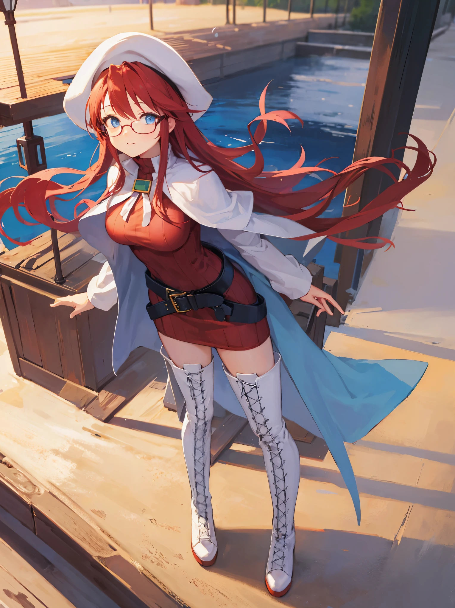 summonnightaty, aty, long hair, blue eyes, red hair, beret, hat, glasses,
BREAK long hair, thighhighs, hat, dress, boots, glasses, belt, cape, sweater, zettai ryouiki, beret, thigh boots, white footwear, ribbed sweater, loose belt,solo,
BREAK outdoors, fantasy,on_a_ship,
BREAK (masterpiece:1.2), best quality, high resolution, unity 8k wallpaper, (illustration:0.8), (beautiful detailed eyes:1.6), extremely detailed face, perfect lighting, extremely detailed CG, (perfect hands, perfect anatomy),covered_nipples,covered_navel,light_smile ,(half_eyes:1.4),sword,armpit,sleepy,dynamic_standing,barrel,red_sweater,apart_legs,magical_effect,pulmp,big_tits,