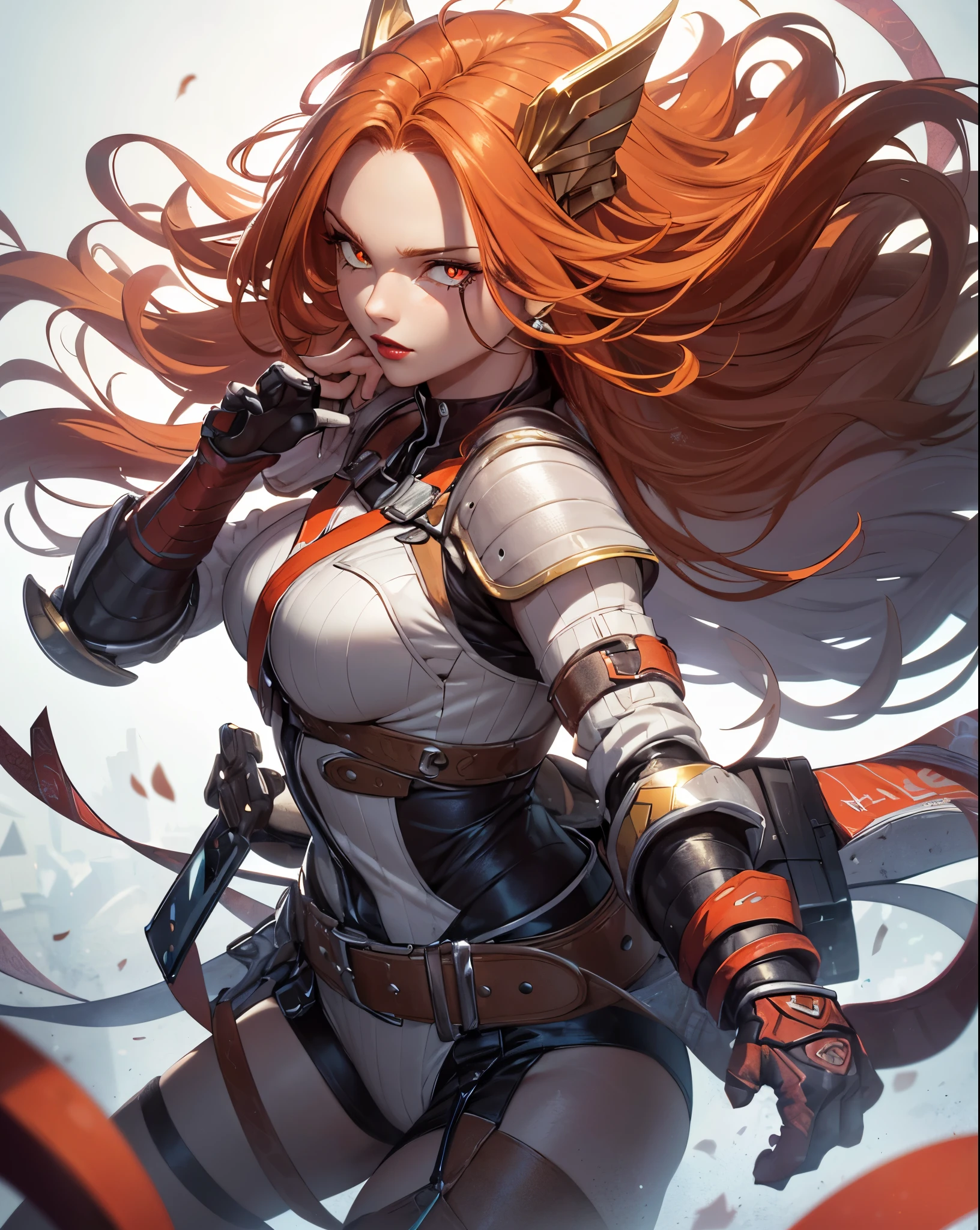 highly insanely detailed, masterpiece, top quality, best quality, highres, 4k, 8k, RAW photo, (1girl),solo,angela, orange hair, long hair, big hair,forehead protector,  gauntlets,  ribbon, thick lips, red lips, shaded face, white eyes, floating hair, cleft of venus,
looking at viewer, 