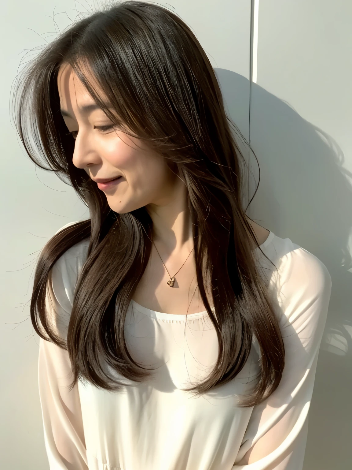 (8K、Raw photo、highest quality、masterpiece:1.2)、Light yellow long sleeve dress、Hair straightening、long hair、straight hair、beautiful shining hair、High-definition RAW color photo、professional photos、(realistic、photo realistic:1.37)、Photographed in natural light、1 girl、laughter、white wall、Taken in front of the white door、various poses、break (ombre:1.3) 、spring clothes、simple necklace、(Beautiful profile:1.3)、Don&#39;don&#39;t look at the camera、profile、((Hair color is dark brown))