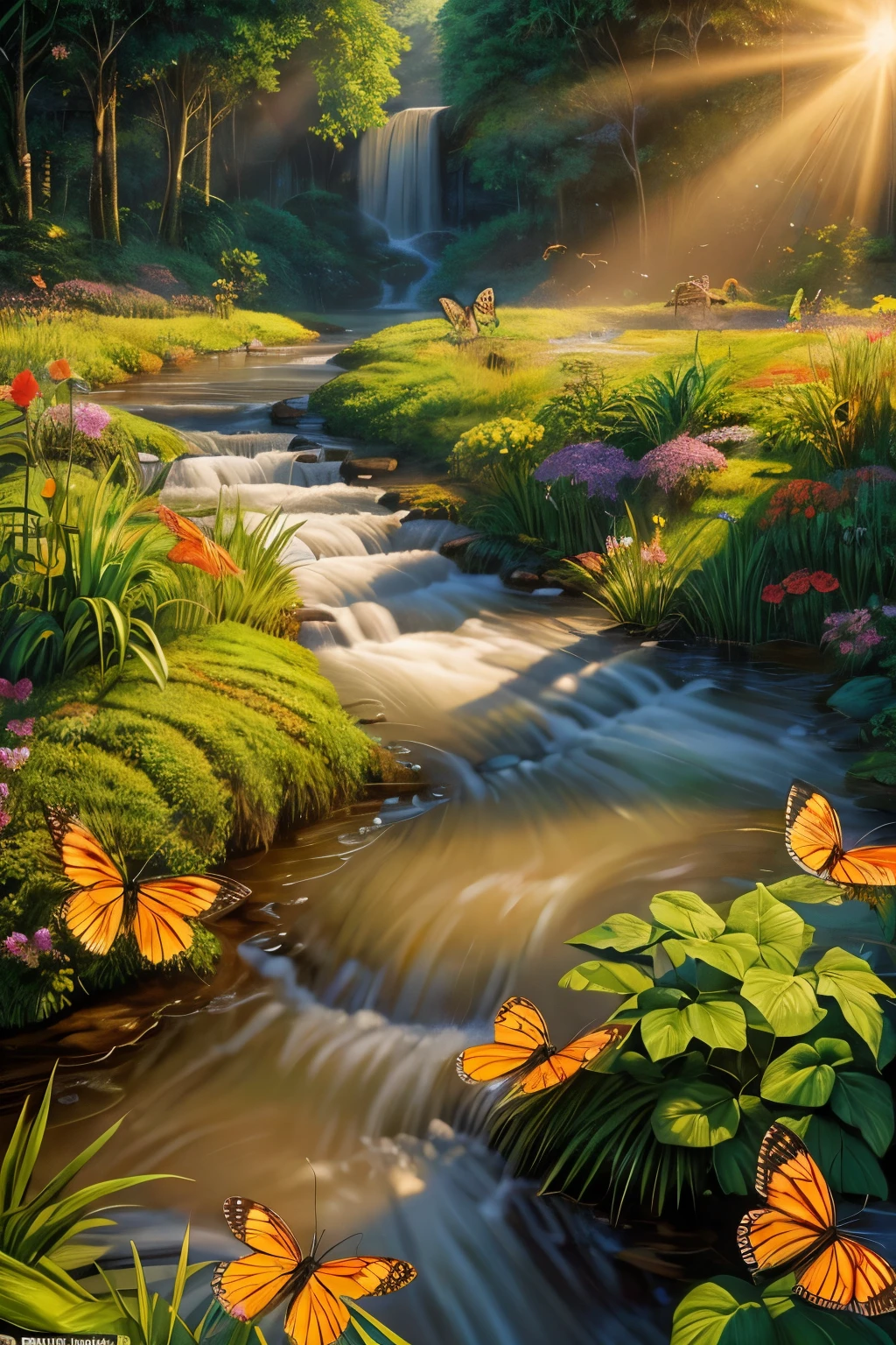 Beautiful hyper-realistic and super-detailed masterpiece that shows a mysterious river in the amazon forest, with the sunset sunshine, Flying butterflies on the flowers, exotic flowers