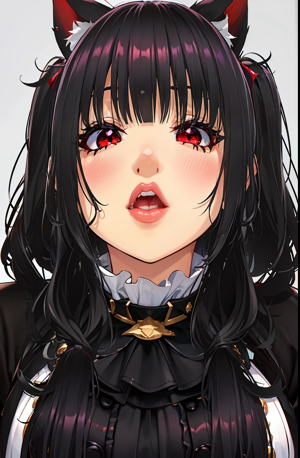 ,((long hair slightly wavy slightly past the shoulders, black bangs, small black pigtails on the sides, cute cat ears, beautiful thin red eyes,)),rubor, escote,aura brillante, luz natural, obra maestra,  piel brillante, labios jugosos , ,sexy, caliente, , escote, demonio,labios jugosos, bimbo, reloj de arena, By the chestnut, ojos rojos,  ojos muy abiertos, ojos rojos, masivo , dark lighting, pelo largo, Signo de la paz, ojo cerrado, arco Rosa, oversized sweater, zapatos de plataforma, pantalla de besos