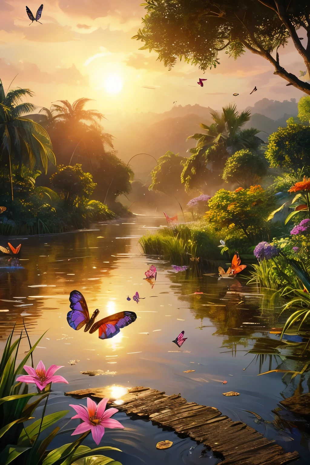 Beautiful hyper-realistic and super-detailed masterpiece that shows a mysterious river in the amazon forest, with the sunset sunshine, Flying butterflies on the flowers, exotic flowers