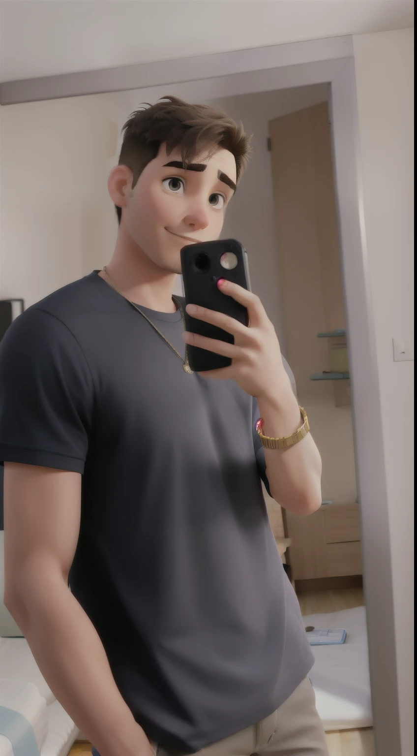 man with short hair taking photo in bedroom at home