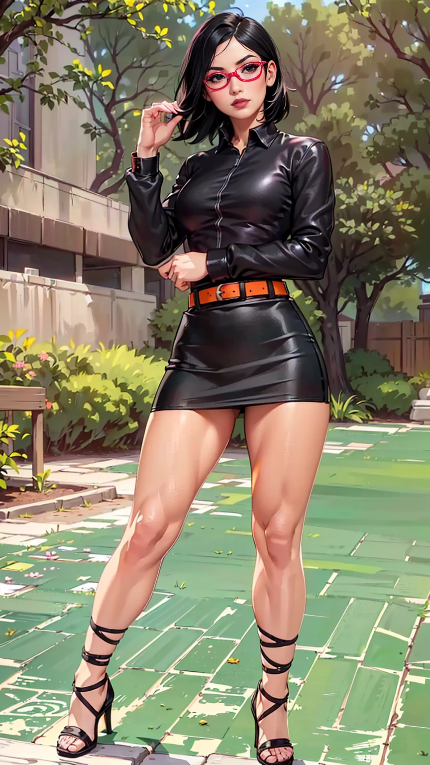 (1girl, solo, alone), (WakatsukiRisa, Sarada Uchiha, black hair, short hair, black eyes, red glasses), ((solo, (1woman, (small bust) pink lipstick, black eyes), Extremely detailed, ambient soft lighting, 4k, perfect eyes, a perfect face, perfect lighting, a 1girl)), ((fitness, muscular, shapely body, athletic body, toned body)) ,((black blouse, blouse with long sleeves, black leather skirt, orange belt, mini skirt, black high heels, lawn, garden, tree))