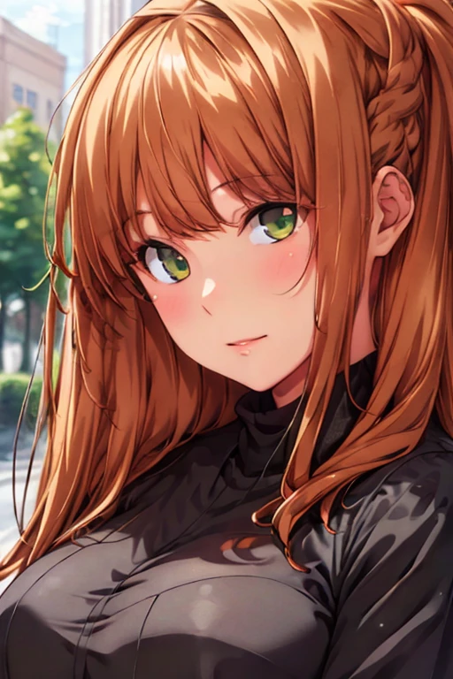 Black shirt,long sleeves,turtleneck, hair ornament, Green eyes, Orange hair,bangs,Long hair, 1 girl, 20yo,Young female,Beautiful long legs,Beautiful body, Beautiful Nose,Beautiful character design, perfect eyes, perfect face,expressive eyes,perfect balance, looking at viewer,(Focus on her face),closed mouth, (innocent_big_eyes:1.0),(Light_Smile:0.3), official art,extremely detailed CG unity 8k wallpaper, perfect lighting,Colorful, Bright_Front_face_Lighting,White skin, (masterpiece:1.0),(best_quality:1.0), ultra high res,4K,ultra-detailed, photography, 8K, HDR, highres, absurdres:1.2, Kodak portra 400, film grain, blurry background, bokeh:1.2, lens flare, (vibrant_color:1.2),professional photograph, (Beautiful,large_Breasts:1.4), (beautiful_face:1.5),(narrow_waist), Full-Boddy