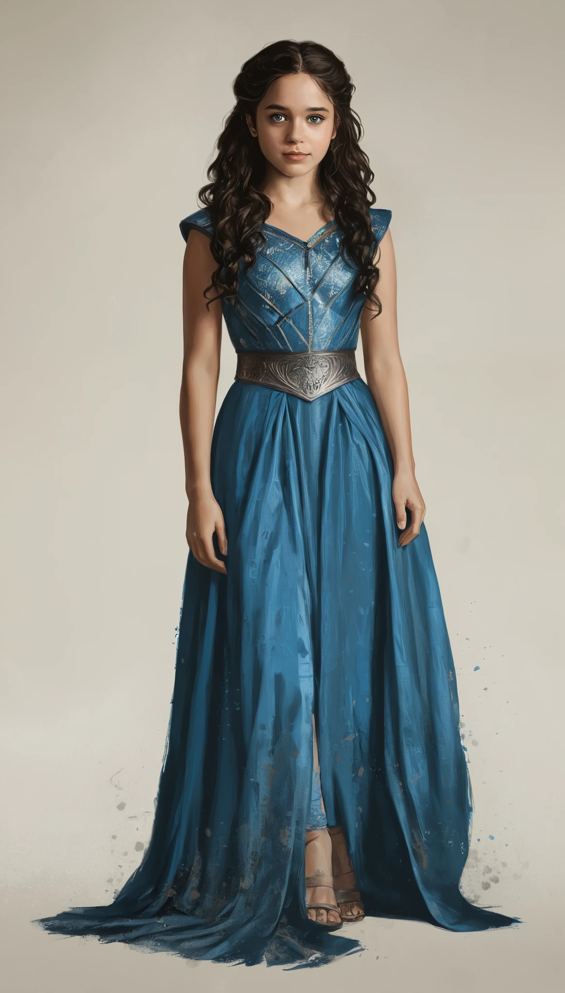 An illustrated movie poster, hand-drawn, full color, a Westerosi teenage girl, wearing a regal dress, brown complexion, azure blue eyes, dark hair, long loose curls, waist-length hair, posing on a pedestal, hard shadows, graphite shading, stencil marks, airbrushed acrylic paint, masterpiece, in the style of Game of Thrones