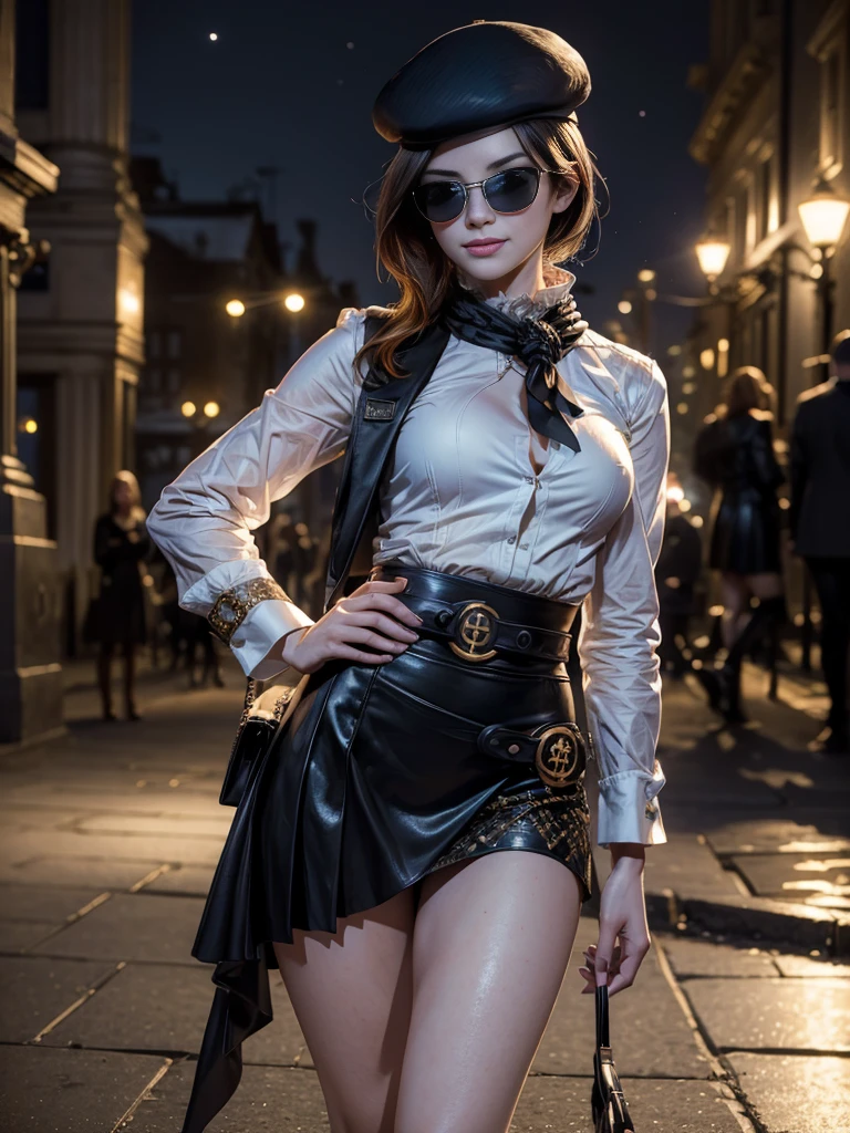 (masterpiece,stunning girlfriend, (standing:1.1), dynamic pose, heart shaped face,elegant face, beautiful face, highly detailed face, highly detailed skin, skin pores, subsurface scattering, realistic pupils, loving smile, looking at viewer, full lips, detailed background, depth of field, atmospheric perspective, volumetric lighting, sharp focus, absurdres, realistic proportions, good anatomy, (realistic, hyperrealistic:1.4), 16k hdr, (masterpiece, best quality:1.2), cowboy shot, solo, 1girl, coco adel, grin, looking at viewer, hand on hip, beret, sunglasses, white shirt, black tie, black shoes, black gloves, (blazer and matching skirt), jewelry, belt, standing outdoors, night, stars, the white house, Washington DC, crowds