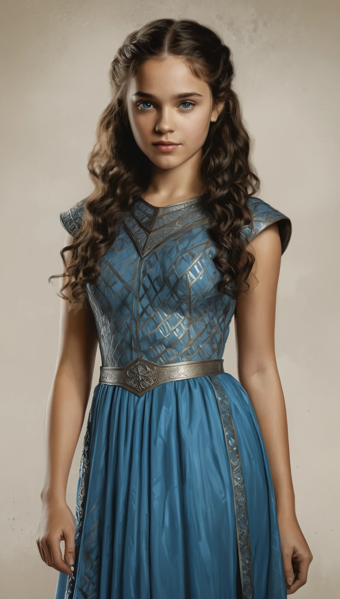 An illustrated movie poster, hand-drawn, full color, a Westerosi age girl, wearing a regal dress, brown complexion, azure blue eyes, dark hair, long loose curls, waist-length hair, posing on a pedestal, hard shadows, graphite shading, stencil marks, airbrushed acrylic paint, masterpiece, in the style of Game of Thrones