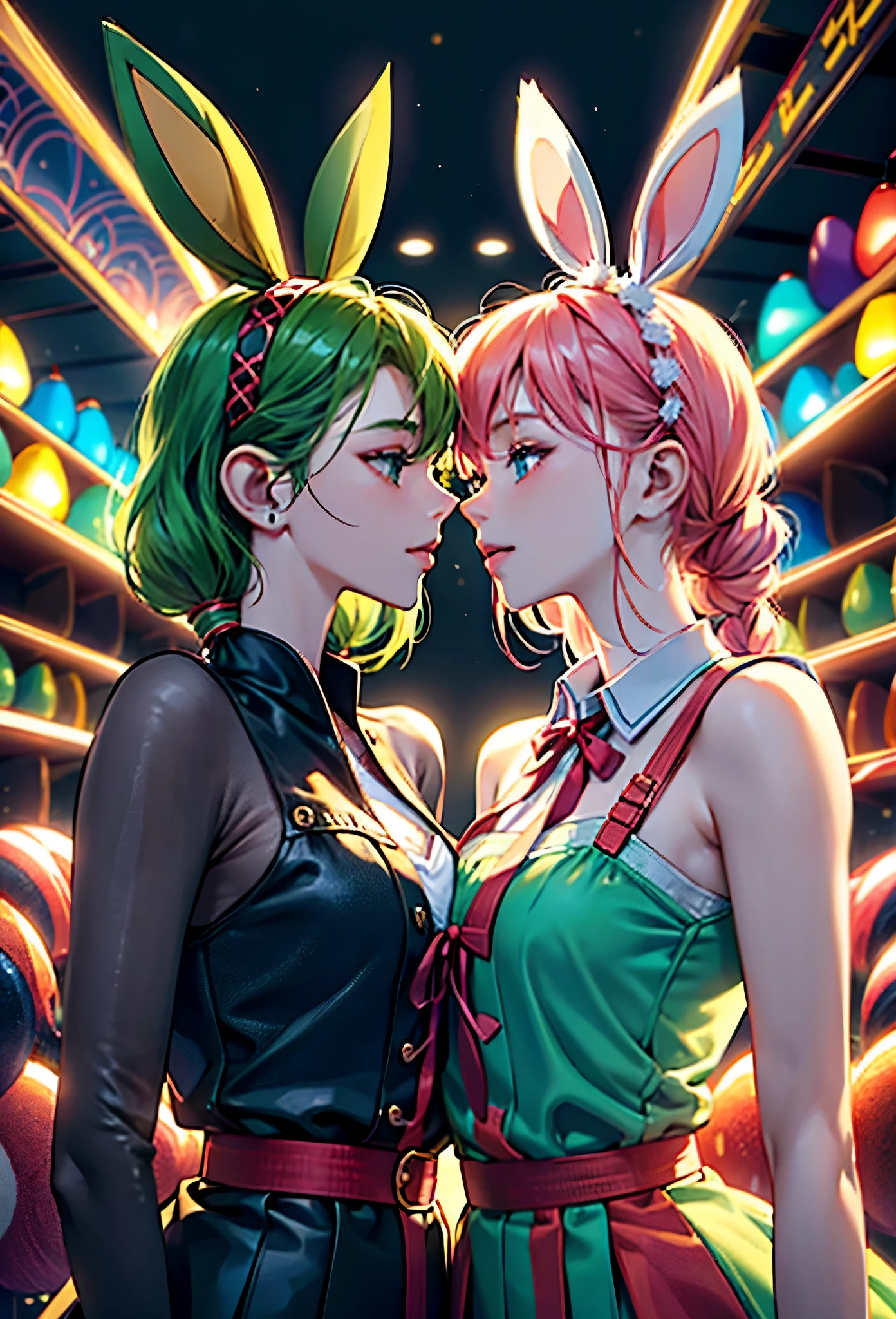 Two anime s girls kissing, sexy modern clothes with bonny ears, the girl of the right has short green straight hair, the girl of the left long pink braided hair, big pascual eggs background details so many colors, HD, 4k, (dark and Warm environment)