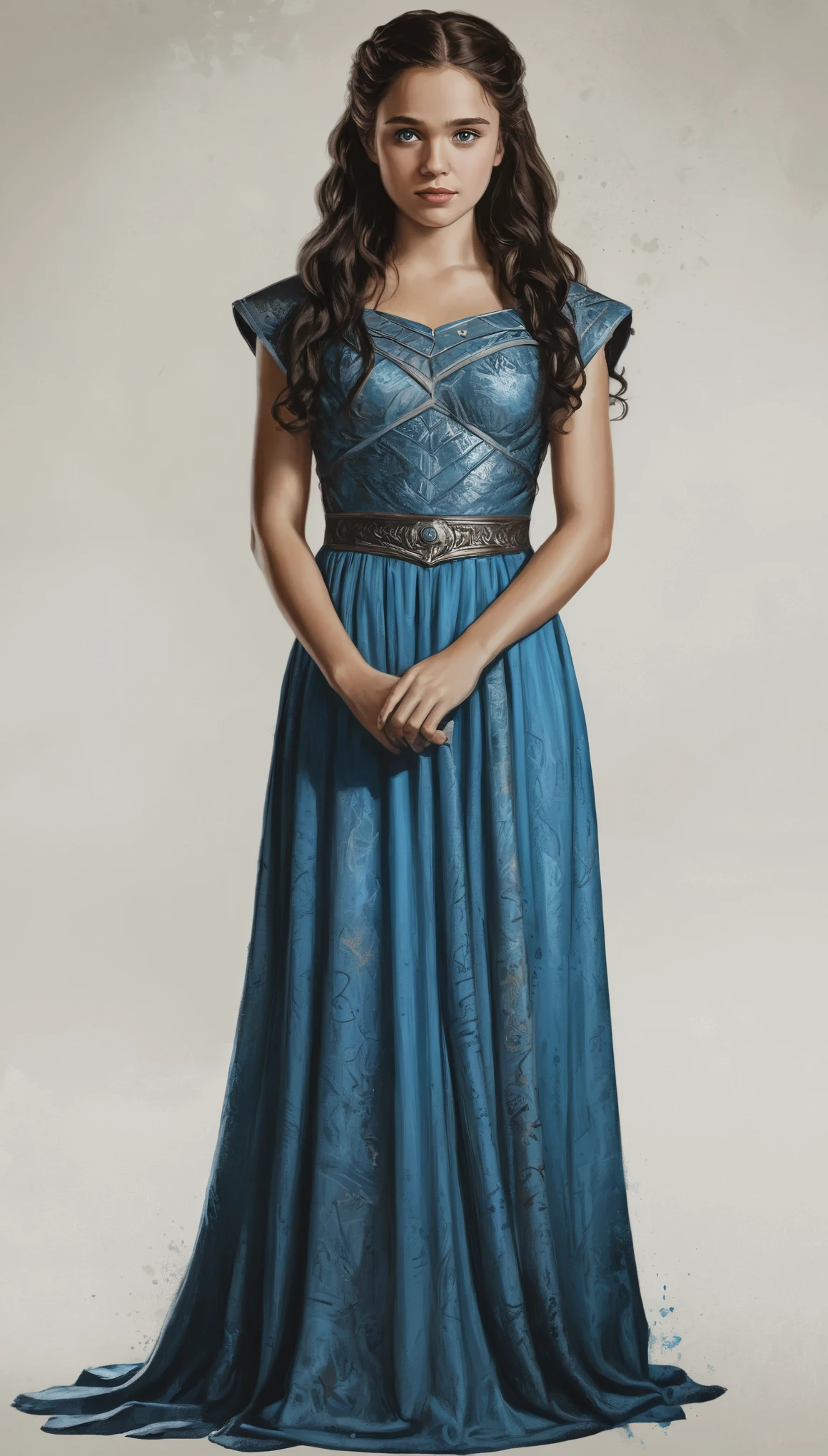 An illustrated movie poster, hand-drawn, full color, a Westerosi teenage girl, wearing a regal dress, dark brown complexion, azure blue eyes, dark hair, long loose curls, waist-length hair, posing on a pedestal, hard shadows, graphite shading, stencil marks, airbrushed acrylic paint, masterpiece, in the style of Game of Thrones
