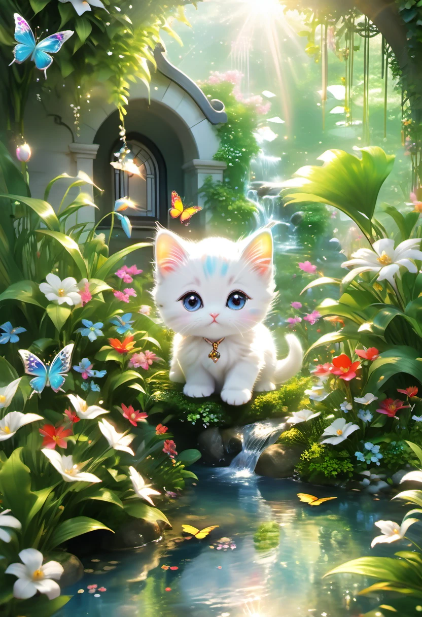 This scene is very fascinating、In a beautiful garden, a watches a white kitten happily catching butterflies。The garden is decorated with lush greenery and colorful flowers.、The sunlight filtering through the trees gives off a warm glow.。The bright butterflies fluttering around the white kitten create a lively atmosphere.。
The white kitten is expressive、The detailed fur and unique folded ears add to its charm.。The gardens are beautifully maintained、Neatly trimmed bushes and々Various plants are arranged。The stream's crystal clear water reflects the serene environment.、Colorful facade of house in the distance々adds a bit of whimsy to the scene.。
The scene has an atmosphere of tranquility and contemplation.、Expressing the world of high fantasy。Guardian nebula of rainbow light and silvery vapor、The colors of the Corrosive Encirclement Ray family fill the sky、There is a slimy feeling in the air.。A beautiful piece of artwork that exudes a mysterious aura.。