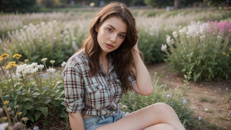 a photo of a seductive woman with loose styled redhead hair, posing in a fieldofflowers, she is wearing Button-up pink flannel shirt, and denim shorts, intricate details, goosebumps, flawless face, shy, prude, (freckles:0.9), ((photorealistic):1.2), raw