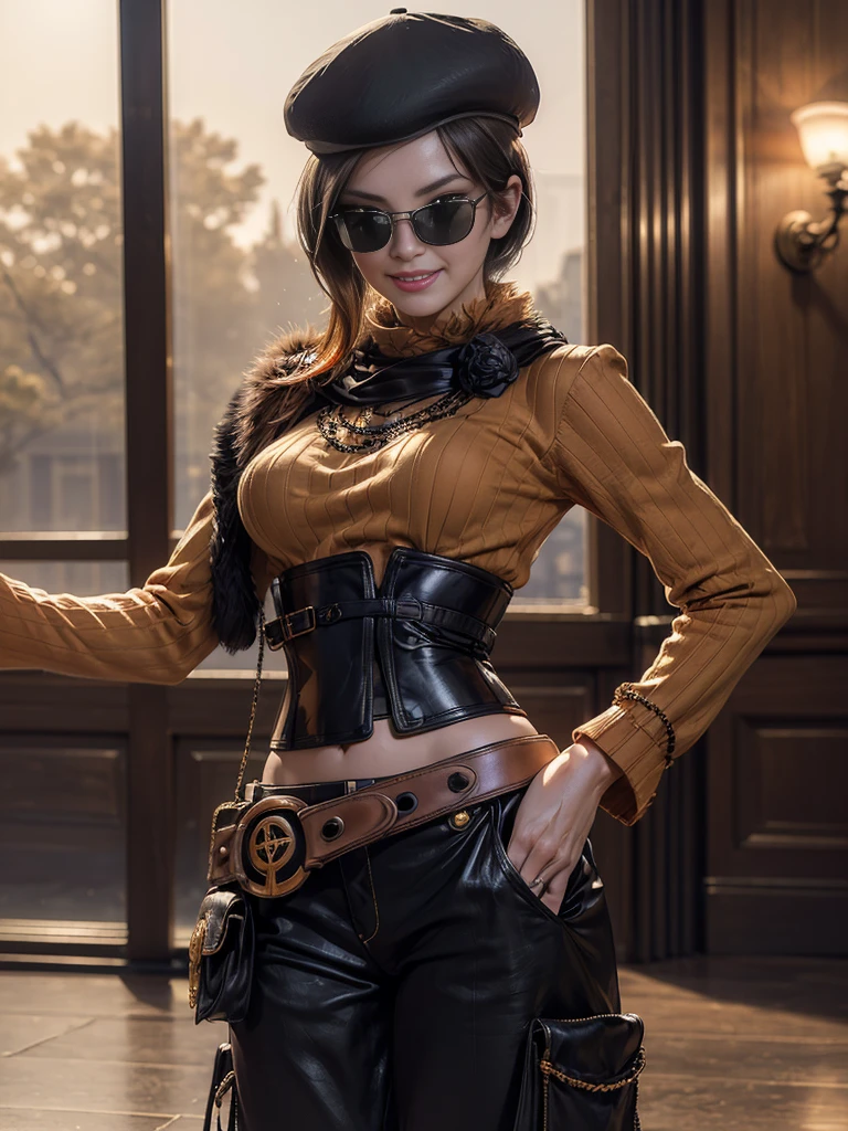 (masterpiece,stunning girlfriend, (standing:1.1), dynamic pose, heart shaped face,elegant face, beautiful face, highly detailed face, highly detailed skin, skin pores, subsurface scattering, realistic pupils, loving smile, looking at viewer, full lips, detailed background, depth of field, atmospheric perspective, volumetric lighting, sharp focus, absurdres, realistic proportions, good anatomy, (realistic, hyperrealistic:1.4), 16k hdr, (masterpiece, best quality:1.2), cowboy shot, solo, 1girl, coco adel, grin, looking at viewer,  hand on hip, beret, sunglasses, orange sweater, corset, black gloves, pants, jewelry, belt, bandolier