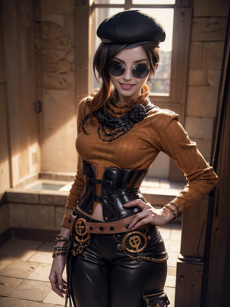 (masterpiece,stunning girlfriend, (standing:1.1), dynamic pose, heart shaped face,elegant face, beautiful face, highly detailed face, highly detailed skin, skin pores, subsurface scattering, realistic pupils, loving smile, looking at viewer, full lips, detailed background, depth of field, atmospheric perspective, volumetric lighting, sharp focus, absurdres, realistic proportions, good anatomy, (realistic, hyperrealistic:1.4), 16k hdr, (masterpiece, best quality:1.2), cowboy shot, solo, 1girl, coco adel, grin, looking at viewer,  hand on hip, beret, sunglasses, orange sweater, corset, black gloves, pants, jewelry, belt, bandolier