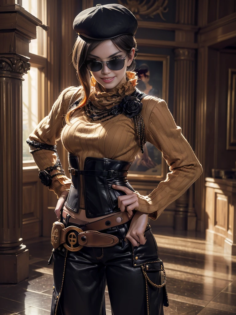 (masterpiece,stunning girlfriend, (standing:1.1), dynamic pose, heart shaped face,elegant face, beautiful face, highly detailed face, highly detailed skin, skin pores, subsurface scattering, realistic pupils, loving smile, looking at viewer, full lips, detailed background, depth of field, atmospheric perspective, volumetric lighting, sharp focus, absurdres, realistic proportions, good anatomy, (realistic, hyperrealistic:1.4), 16k hdr, (masterpiece, best quality:1.2), cowboy shot, solo, 1girl, coco adel, grin, looking at viewer, hand on hip, beret, sunglasses, orange sweater, corset, black gloves, pants, jewelry, belt, bandolier
