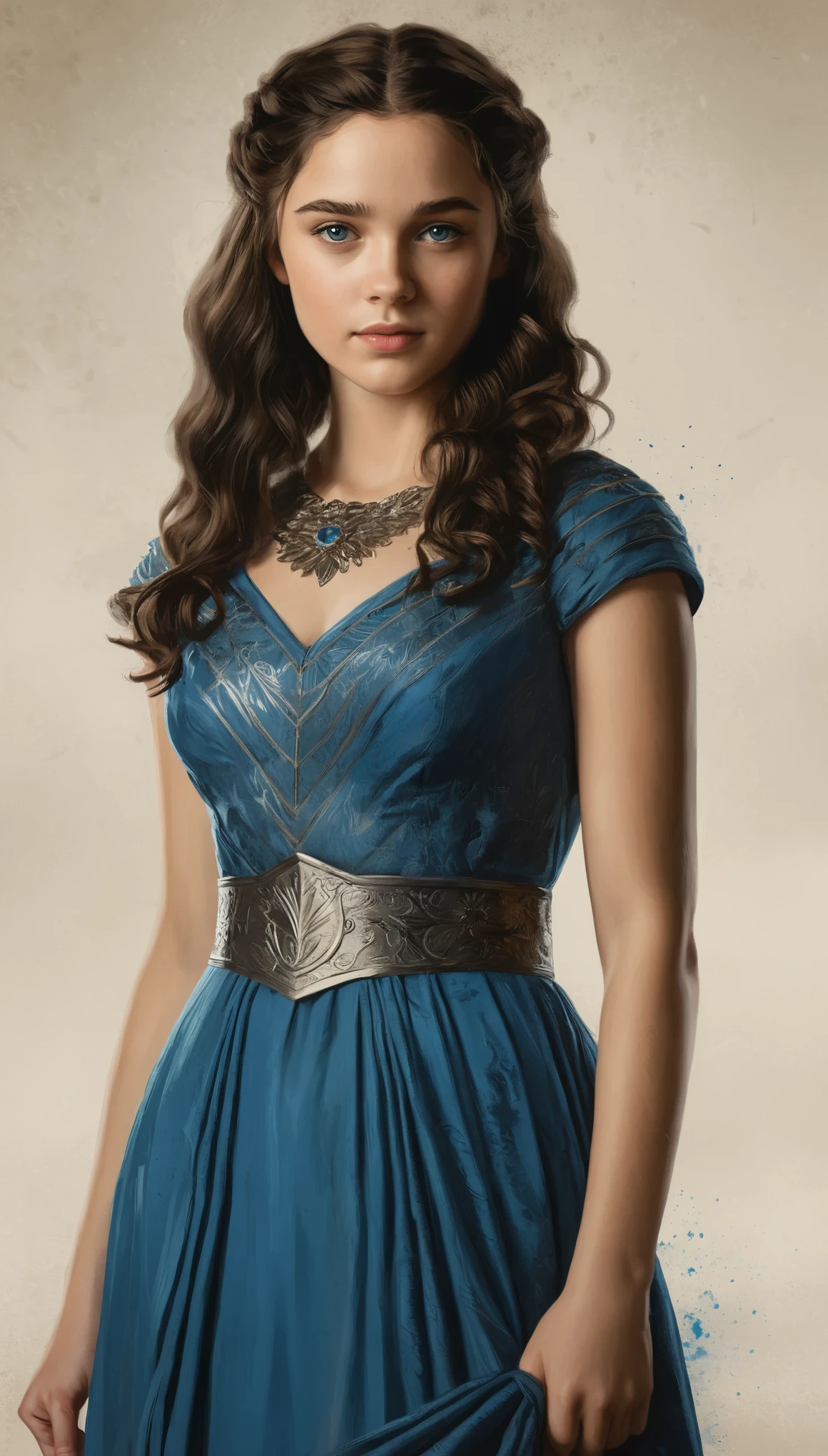 An illustrated movie poster, hand-drawn, full color, a Westerosi age girl, wearing a regal dress, warm brown complexion, azure blue eyes, dark hair, long loose curls, waist-length hair, posing on a pedestal, hard shadows, graphite shading, stencil marks, airbrushed acrylic paint, masterpiece, in the style of Game of Thrones