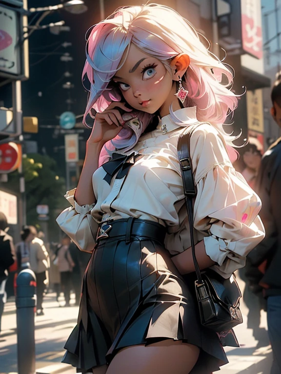 (Masterpiece, Award winning , Best Quality:1.2), 16 year old Asian elf girl, striking blue eyes, small breasts, slim waist, sensuous hips, art by Yusuke Murata, solo, menhera, Yamikawa Punk, jirai kei, (jirai kei fashion:1.1), detailed face, white Blouse, Frills, Skirts, Various accessories, (ear piercing), Japanese subculture, fashion, grunge, noise pop, Manic, punky style, (Akihabara:1.1), Stockings, colorful, pink theme, (Dark circles:1.2), 16k, UHD, HDR,(Masterpiece:1.5), (best quality:1.5), (depth of field:1.2), (blurry background:1.2), style by Artgerm, by Alphonse mucha