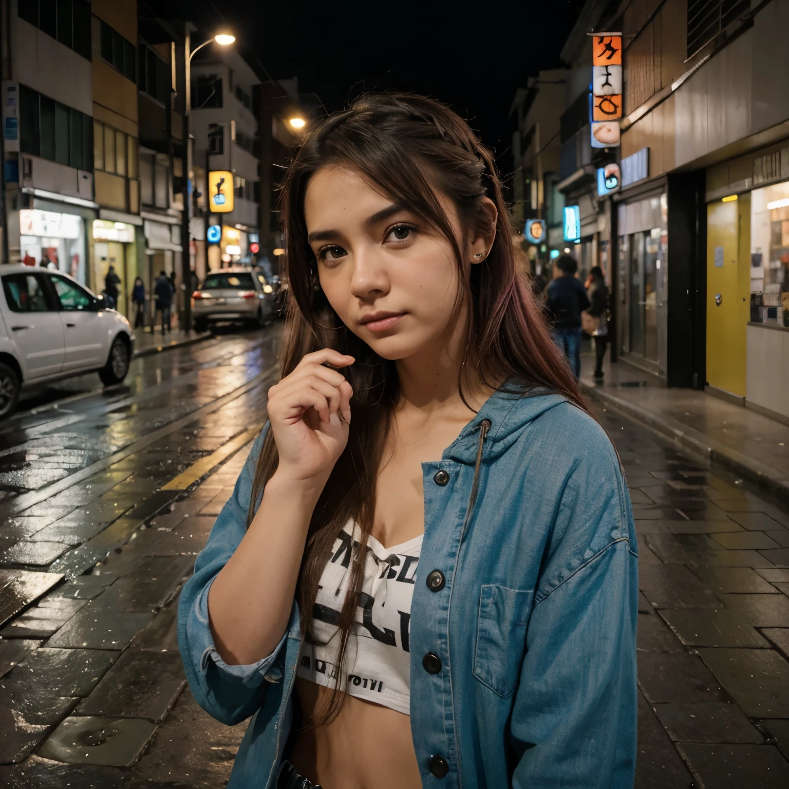 8k, Foto CRU, Melhor qualidade, obra de arte:1.2),(realista, photo-realista:1.37),Tokyo street,noite, chuva, molhado,paisagem urbana,noite, Cidade ciberpunk,Luz suave,1 garota,, rosto extremamente lindo,busto,put your hands down,random hairstyle,Random hair color,Random Expression, totalmente nua sem nenhuma roupa 