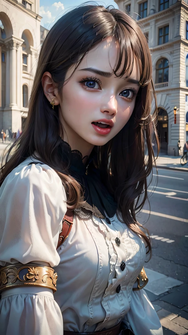 (8K, highest quality, masterpiece: 1.2), Super detailed, super resolution, high detailed beautiful girl, blouse, at a city hall, ((screaming realistic)), detailed face, very fine eyes, very fine skin, very small nose, highly detailed mouth, perfect anatomy, beautiful eyes.