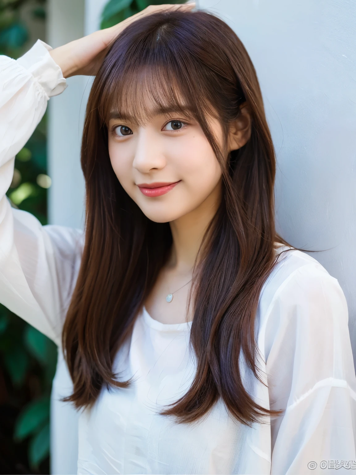 (8K、Raw photo、highest quality、masterpiece:1.2)、light purple long sleeve dress、Hair straightening、long hair、straight hair、beautiful shining hair、High-definition RAW color photo、professional photos、(realistic、photo realistic:1.37)、Photographed in natural light、1 girl、laughter、white wall、Taken in front of the white door、various poses、break (ombre:1.3) 、spring clothes、simple necklace、(Beautiful profile:1.3)、Don&#39;don&#39;t look at the camera、profile、((Hair color is dark brown))