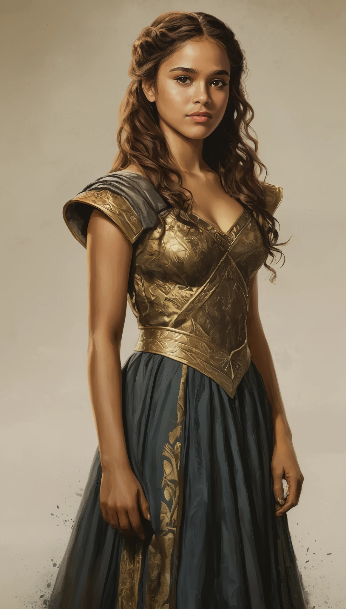 An illustrated movie poster, hand-drawn, full color, a Westerosi teenage girl, wearing a regal dress, brown complexion, golden amber eyes, dark hair, long loose curls, waist-length hair, posing on a pedestal, hard shadows, graphite shading, stencil marks, airbrushed acrylic paint, masterpiece, in the style of Game of Thrones