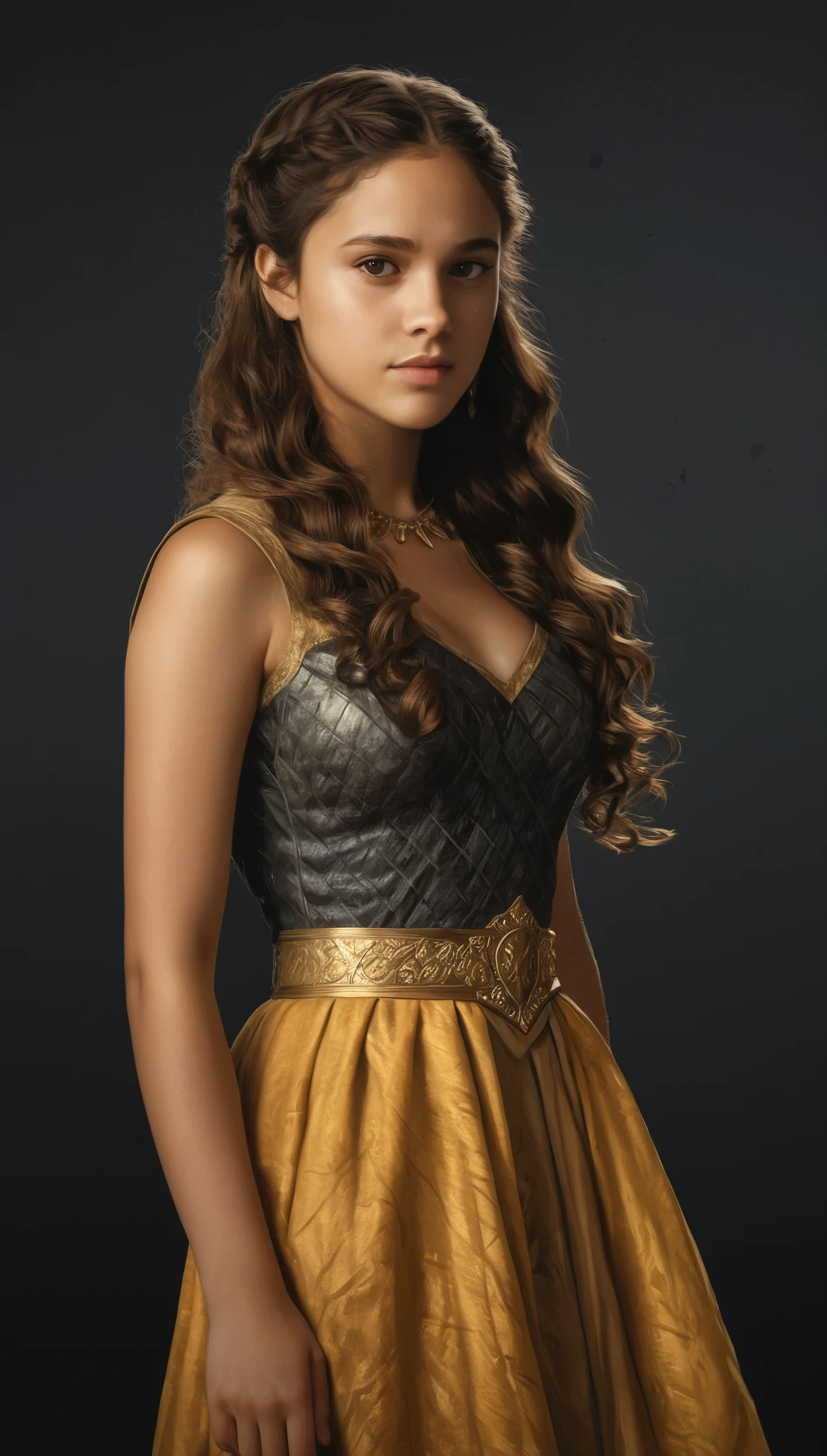 An illustrated movie poster, hand-drawn, full color, a Westerosi teenage girl, wearing a regal dress, brown complexion, golden amber eyes, dark hair, long loose curls, waist-length hair, posing on a pedestal, hard shadows, graphite shading, stencil marks, airbrushed acrylic paint, masterpiece, in the style of Game of Thrones