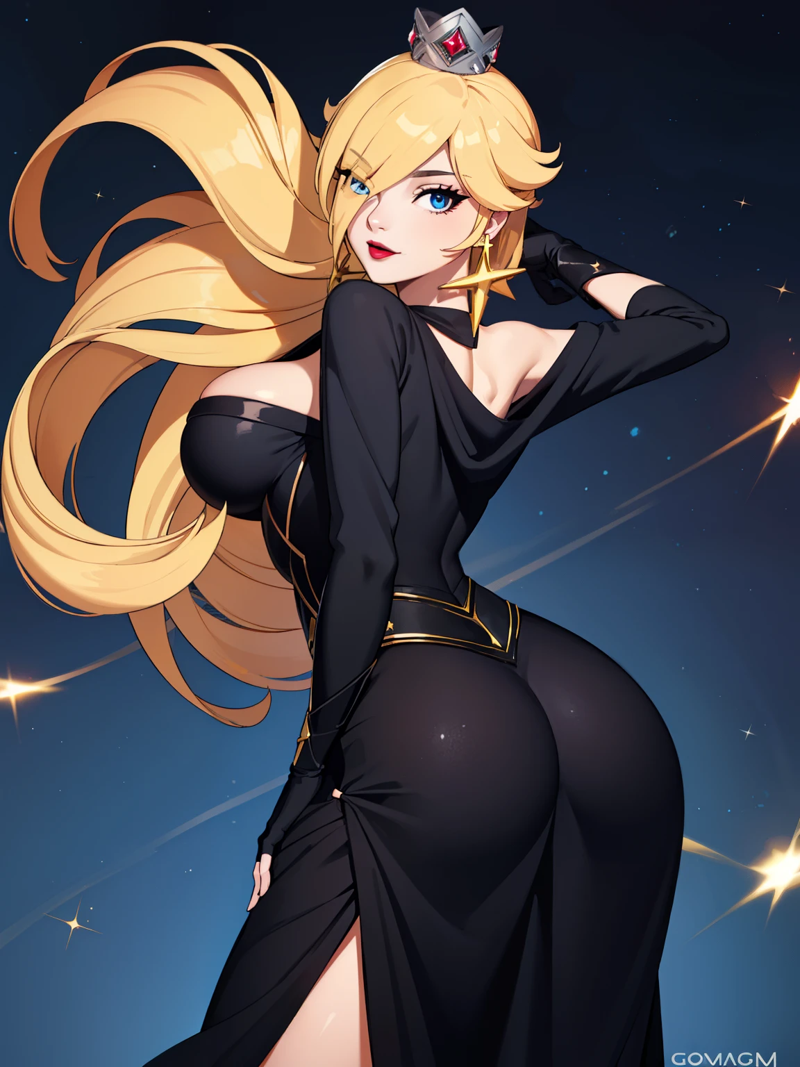 ((high detailed, best quality, 4k, masterpiece, hd:1.3)), Rosalina, blue eyes, BREAK blue eyes, seductive, attractive, sexy smile, smiling, smooth anime cg art, 36C breasts, long legs, vivid colors, detailed digital art, slim body, perfect skin, blonde hair, hair over one eye, long hair, BREAK crown, cleavage, 36C cleavage, looking at viewer, BREAK looking at viewer, extremely detailed face, golden dress, golden dress, golden dress with sparks, gold dress, shiny gold dress, earrings, star earrings, jewelry, gem, dark black makeup lips, dark gothic eyeshadows, dark eyeshadows, black eyeshadows, black sexy lips, black lips, (dark:1.2), dark lips, very dark lips, (perfect hands, perfect anatomy), black makeup, black medium lips, black thick lips, detailed fingers, five fingers per hand, 5 fingers, (1 girl), detailed lips, detailed black lips, black painted lips, gothic painted lips, BREAK night, night sky, sky, star \(sky\), star \(symbol\), space, sun, (breast focus), (arms behind back:1.2), (breasts out:1.3), (off shoulder:1.1), (((With your back turned:1.5, Looking Back Pose))), ((Looking back)), (from behind: 1.1)
