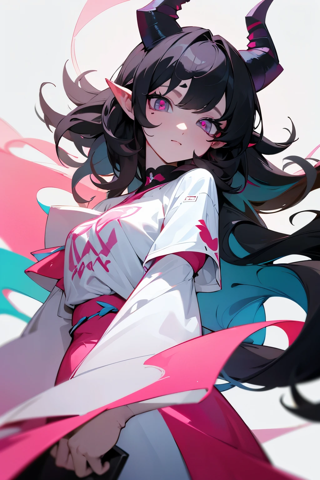 Designed by nty, A woman is, Professional t-shirt design vector,Tokar, 8K, hyper HD, Albino demon girl standing, colorful clothes, shot from far away, (largeeyes, Eyes are delicate and beautiful, Beautiful and delicate face, Details on the face), ( with black curled hair:1.3) , pink rose bush, winking ,(long and complex horns:1.2), white backgrounid, Complicated details, coloured background, Abstract