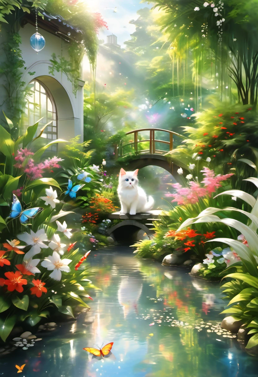 This scene is very fascinating、The painting depicts a scene in a beautiful garden where a young girl is watching a white kitten joyfully catching butterflies., The garden is decorated with lush greenery and colorful flowers.、The sunlight filtering through the trees gives off a warm glow.。The bright butterflies fluttering around the white kitten create a lively atmosphere.。 The white kitten is expressive、The detailed fur and unique folded ears add to its charm.。The gardens are beautifully maintained、Neatly trimmed bushes and々Various plants are arranged。The stream&#39;s crystal clear water reflects the serene environment.、Colorful facade of house in the distance々adds a bit of whimsy to the scene.。 The scene has an atmosphere of tranquility and contemplation.、Expressing the world of high fantasy。Guardian nebula of rainbow light and silvery vapor、The colors of the Corrosive Encirclement Ray family fill the sky、There is a slimy feeling in the air.。A beautiful piece of artwork that exudes a mysterious aura.。