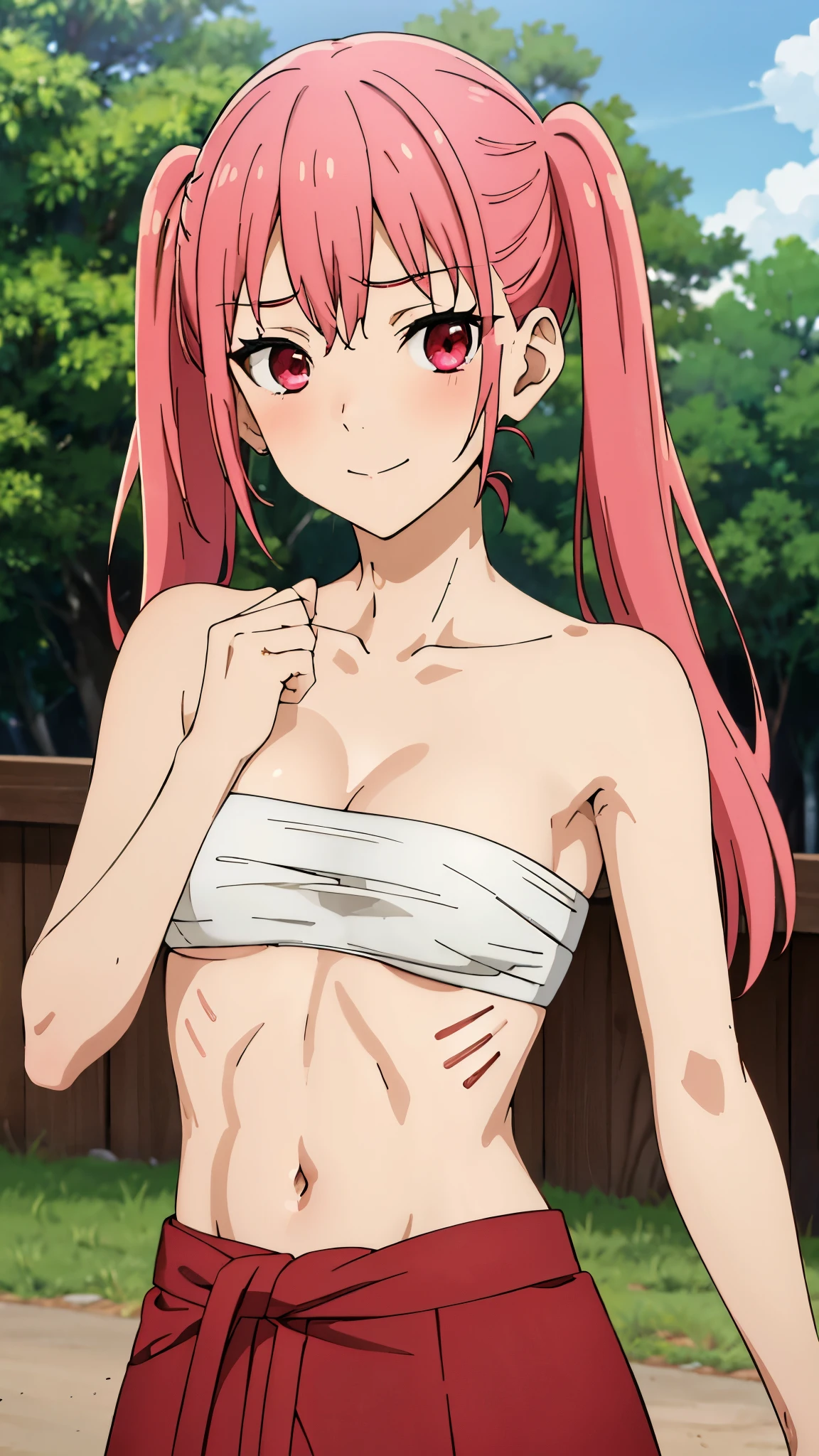short girl, masterpiece, highres, solo, 8k, detailed, perfect face, best quality, (ultra high quality), (looking at viewers), (armpit), collarbone, bare arms, small breast, cleavage, pink hair, long hair, twintails hair, red eyes, gradation eyes, belly, stomach, navel, abs, sarashi chest, bandaged breast, (red hakama), slim body, upper body, smile, blush, closed mouth, at forest, hand up