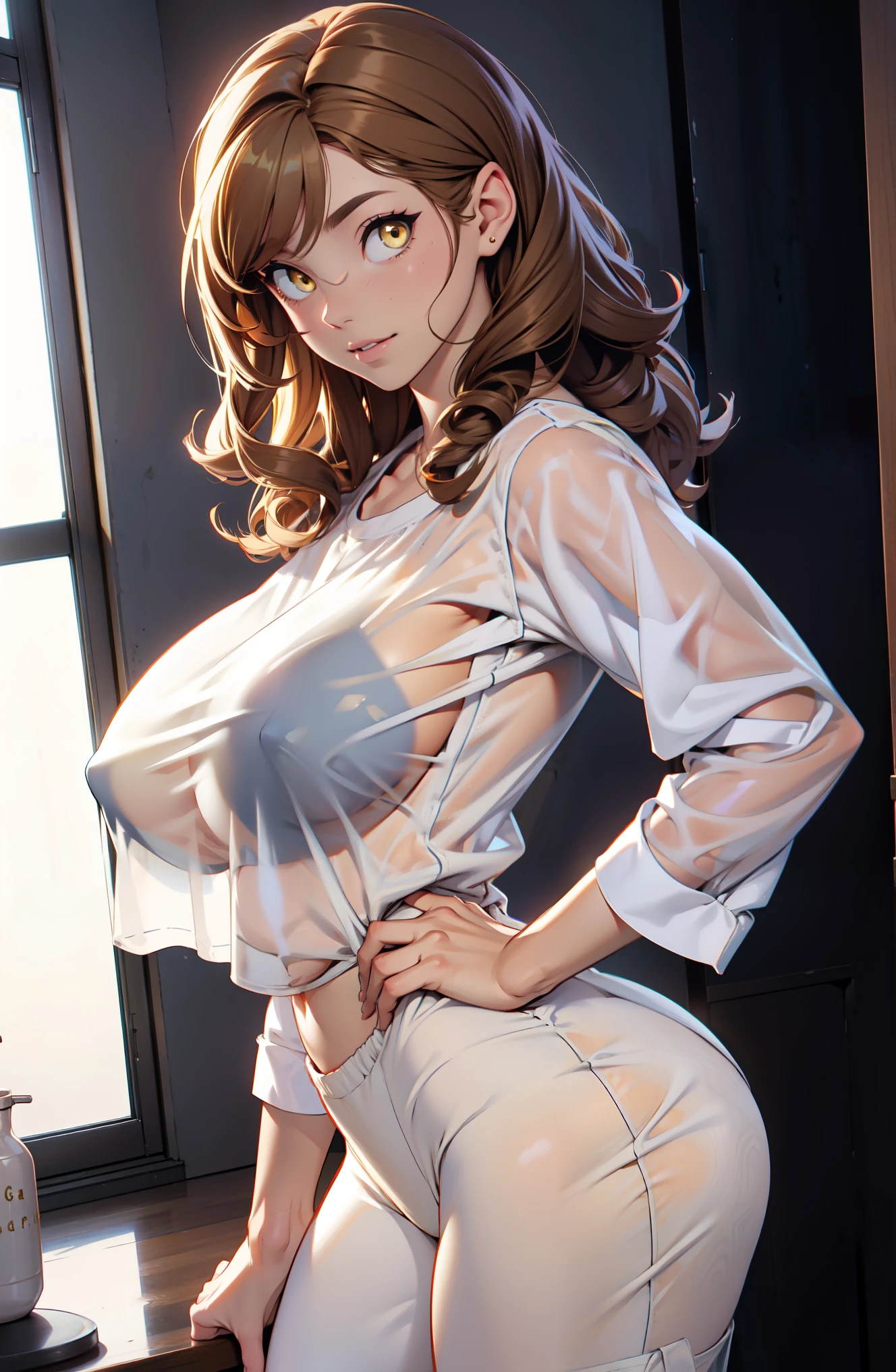 hot girl huge breasts yellow eyes curly brown hair pale skin, olhar sedutor, usando pijama transparente, corpo todo, pernas e bunda gostosa