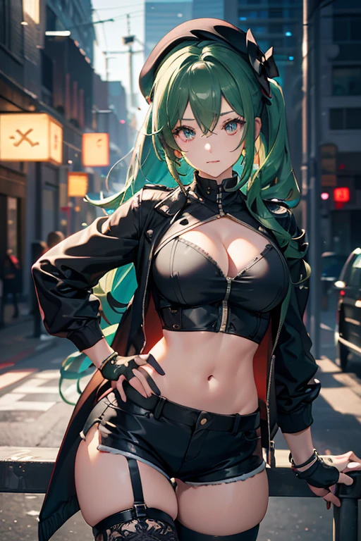  hikage (senran kagura), 1girl, green hair,  tattoo, long hair, yellow eyes,  large breasts, weapon, earrings, jewelry, holding, blush, lipstick, long hair, crazy eyes ,Hot girl, baddie, staring, glaring, bad attitude, mean girl, dare, angry, hate, crazy, smoking, sensual, attractive, outdoors, rooftop, cityscape, building, railing, night, night sky, scenery, city lights, fur trim, mature female, gloves, fur-trimmed coat ,masterpiece, best quality, highly detailed, a girls with a gun, evil smile , open mouth, sexy gaze, badass
pose , evil smile, smile, (nsfw) not safe for work, guns blazing, anime girl with long hair, beautiful long
haired girl, navel, evil expression, exposed belly, exposed navel, exposed midriff, exposed lower belly,
long black pants, crop top, cleavage, unbuttoned leather pants ,open fly, low rise black leather pants,
leather jacket, holding a gun,, navel piercing