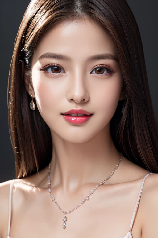 (highest quality、table top、8K、best image quality、Award-winning work)、(one young girl, 14 years old:1.3)、(red eyeshadow:1.2)、perfect makeup、long eyelashes、Super high-definition sparkling eyes、ultra high definition hair、ultra high resolution glossy lips、Super high resolution perfect teeth、Super high resolution cute face、brown hair、(very long straight hair:1.1)、look at me and smile、[clavicle]、accurate anatomy、(close up of face:1.5)、(((professional lighting:1.2)))、Super high-resolution glossy and moisturized face、Super high resolution glowing skin、most detailed face、Ultra high resolution detailed faces、ultra high resolution hair、Super high resolution sparkling eyes、Beautiful face drawn in every detail、Super high resolution glossy red lips、(((Elegant dress 1.5)))、(((necklace1.5)))、(Black Background 1.5)、