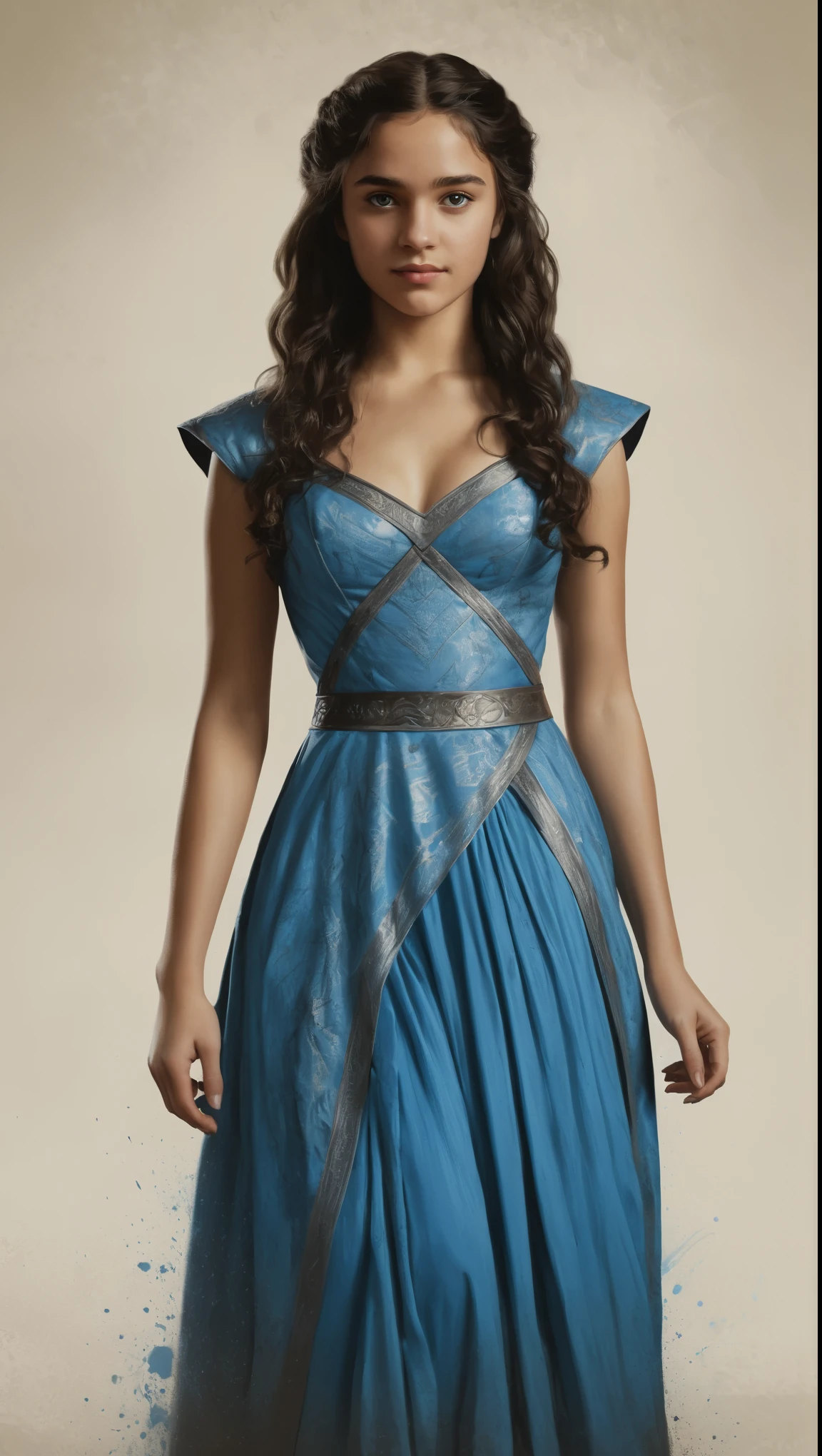 An illustrated movie poster, hand-drawn, full color, a Westerosi age girl, wearing a regal dress, brown complexion, azure blue eyes, dark hair, long loose curls, waist-length hair, posing on a pedestal, hard shadows, graphite shading, stencil marks, airbrushed acrylic paint, masterpiece, in the style of Game of Thrones