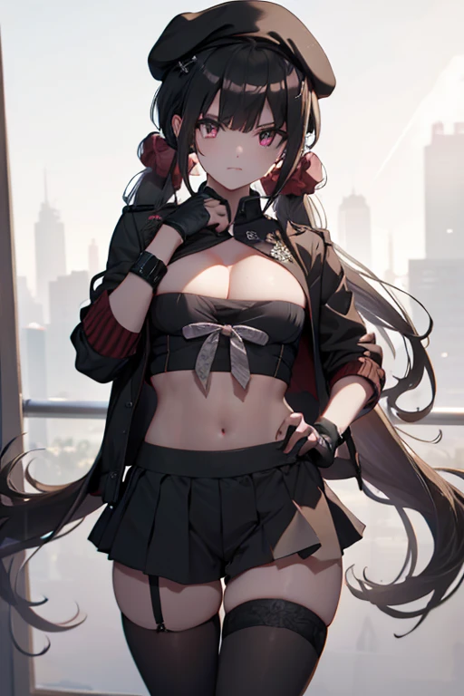 ubel,dark green hair,long hair,side ponytail,hair between eyes,bangs, BREAK (beret, black jacket, open clothes, cleavage, midriff, black shorts, black thighhighs, thigh strap, fingerless gloves, single glove:1.2) BREAK blurry background, BREAK pose, hand on hip, BREAK (masterpiece:1.2), best quality, high resolution, unity 8k wallpaper, (illustration:0.8), (beautiful detailed eyes:1.6), extremely detailed face, perfect lighting, extremely detailed CG, (perfect hands, perfect anatomy),