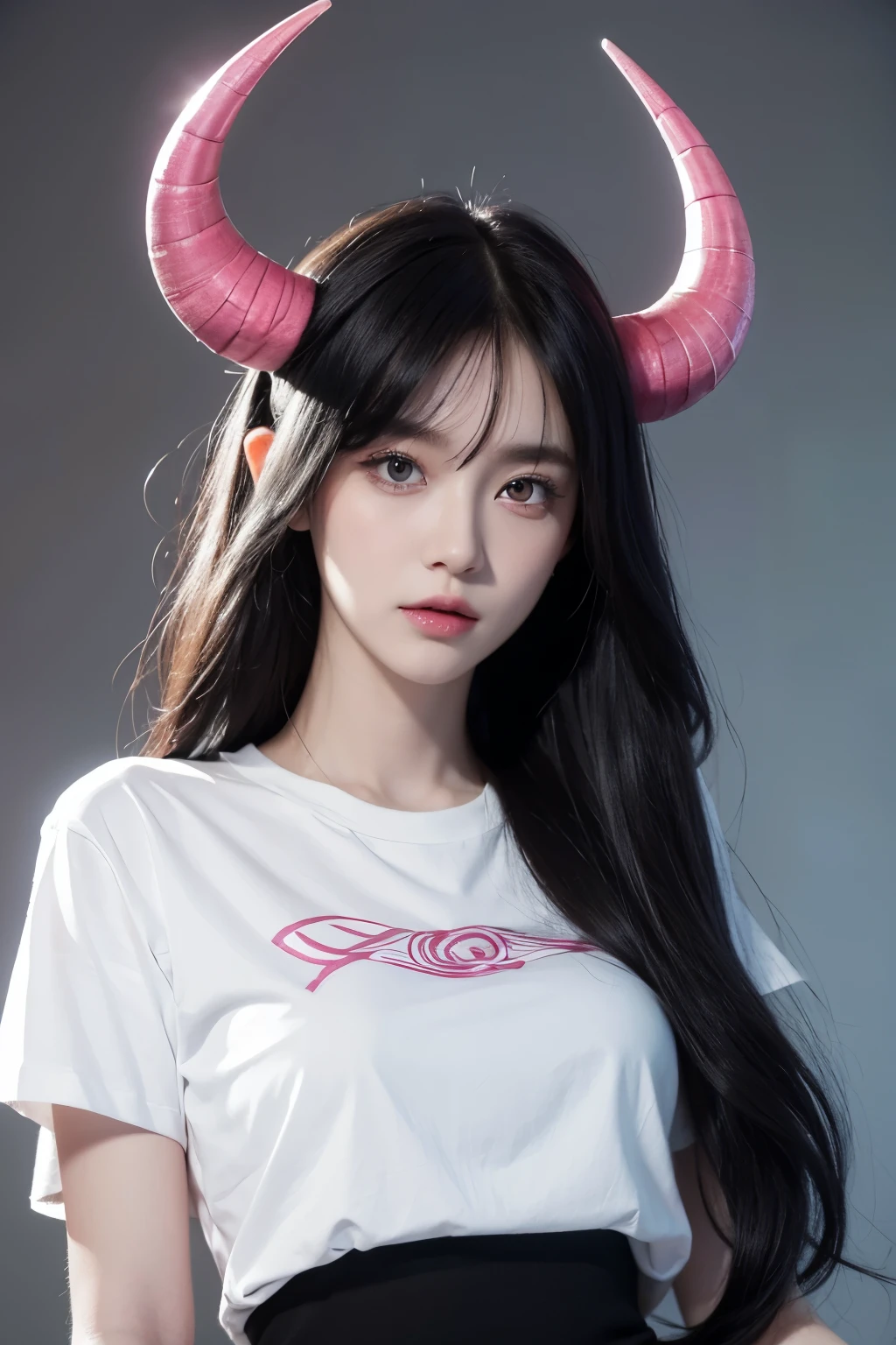 Designed by nty, A woman is, Professional t-shirt design vector,Tokar, 8K, hyper HD, Albino demon girl standing, colorful clothes, shot from far away, (largeeyes, Eyes are delicate and beautiful, Beautiful and delicate face, Details on the face), ( with black curled hair:1.3) , pink rose bush, winking ,(long and complex horns:1.2), white backgrounid, Complicated details, coloured background, Abstract