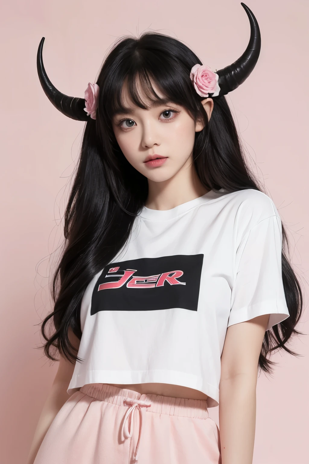 Designed by nty, A woman is, Professional t-shirt design vector,Tokar, 8K, hyper HD, Albino demon girl standing, colorful clothes, shot from far away, (largeeyes, Eyes are delicate and beautiful, Beautiful and delicate face, Details on the face), ( with black curled hair:1.3) , pink rose bush, winking ,(long and complex horns:1.2), white backgrounid, Complicated details, coloured background, Abstract