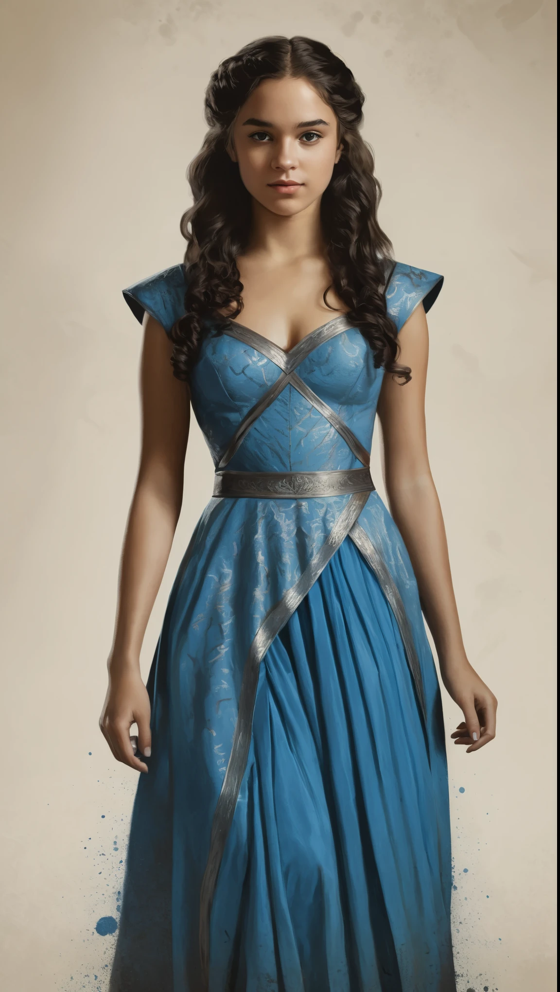 An illustrated movie poster, hand-drawn, full color, a Westerosi age girl, wearing a regal dress, brown complexion, azure blue eyes, dark hair, long loose curls, waist-length hair, posing on a pedestal, hard shadows, graphite shading, stencil marks, airbrushed acrylic paint, masterpiece, in the style of Game of Thrones