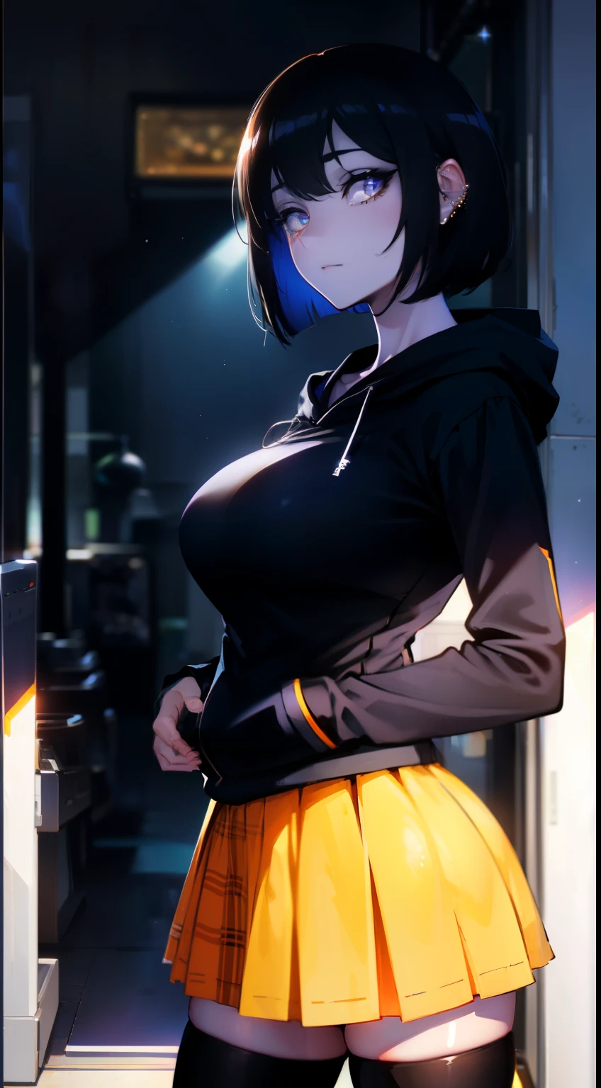 Cinematic lighting、(key light:Front diagonal 45 degrees, fill light、Backlight、shadow、blue and orange color palette), accurate human body、detailed person、Correct five-finger、RAW photo、 4K - ultra-vivid、highest quality, masterpiece, ultra high resolution, (reality: 1.4),
(((oil skin,sparkling skin、realistic skin texture、detailed beautiful skin、shiny skin、shiny skin)))、
upper body shot, camera angle is low, Depth of the bounds written, Focus on the center, fine eyes, perfect face and eyes、
At the amusement arcade, game console, game machine,
girl, short bob black hair, early teen, black Hoodie with pockets, plaid miniskirt, purple collar, black face mask, piercing,
small breasts, slender, standing , naughty,
zettai ryouiki, absurd resolution, absurd detailed, best quality, (((big breasts)))